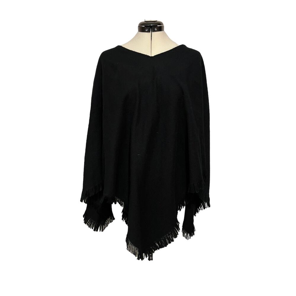 Wool Touch Acrylic Basic Black V-Neck Poncho with Fringe